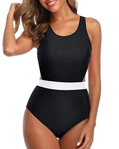 Modest Swimsuit One Piece Tummy Control Cutout Swimsuits For Teen Girls-Black And White