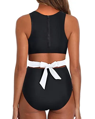 Modest Swimsuit One Piece Tummy Control Cutout Swimsuits For Teen Girls-Black And White