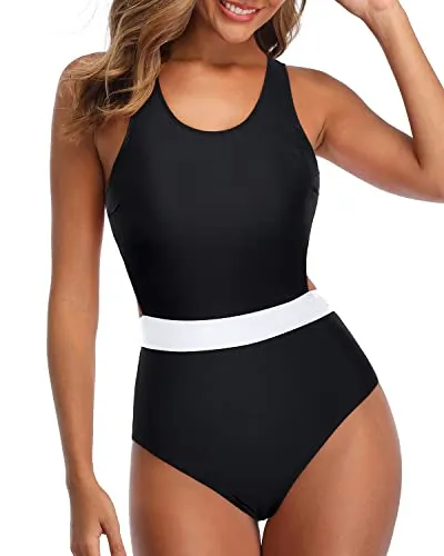 Modest Swimsuit One Piece Tummy Control Cutout Swimsuits For Teen Girls-Black And White