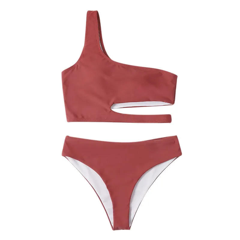 New European and American Sexy One-Shoulder Split Bikini Fashion High-Waisted Beach Swimwear