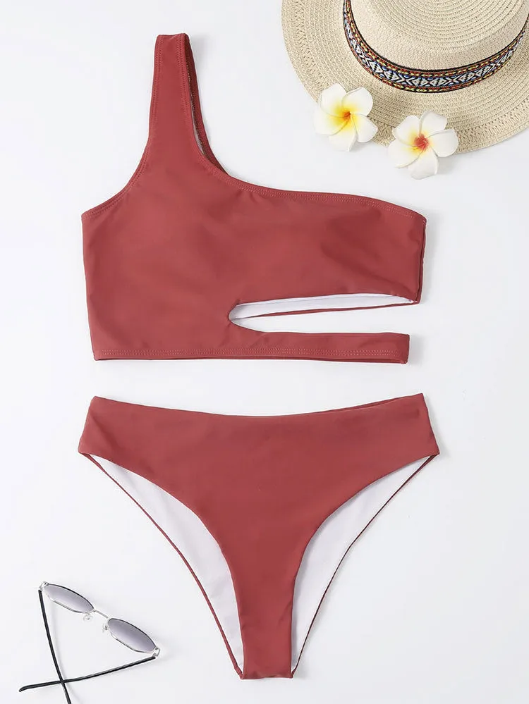 New European and American Sexy One-Shoulder Split Bikini Fashion High-Waisted Beach Swimwear