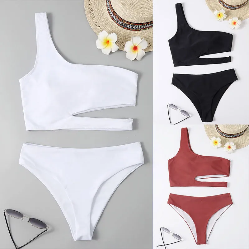 New European and American Sexy One-Shoulder Split Bikini Fashion High-Waisted Beach Swimwear