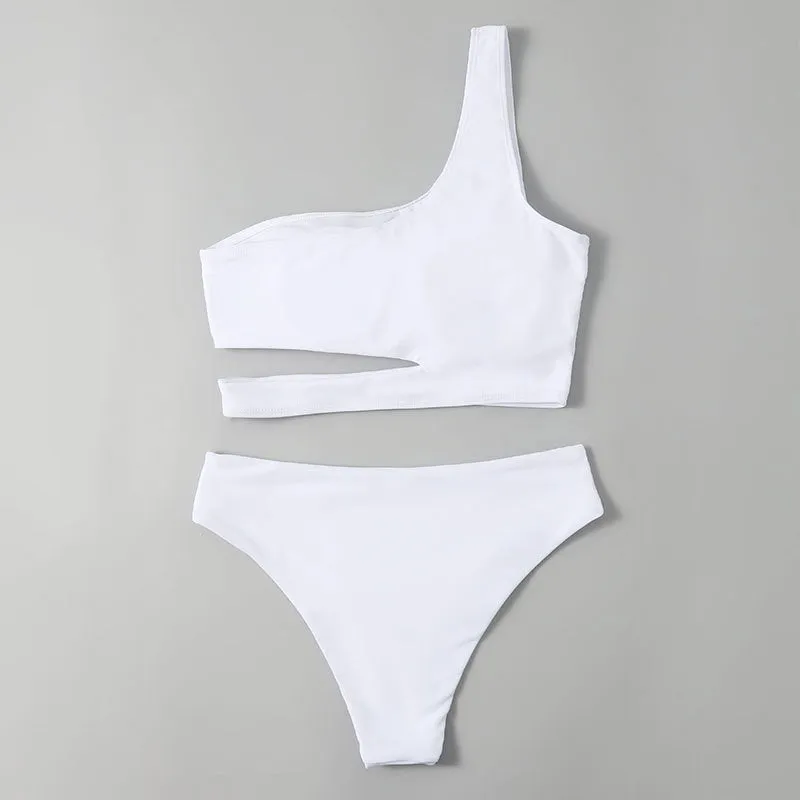 New European and American Sexy One-Shoulder Split Bikini Fashion High-Waisted Beach Swimwear