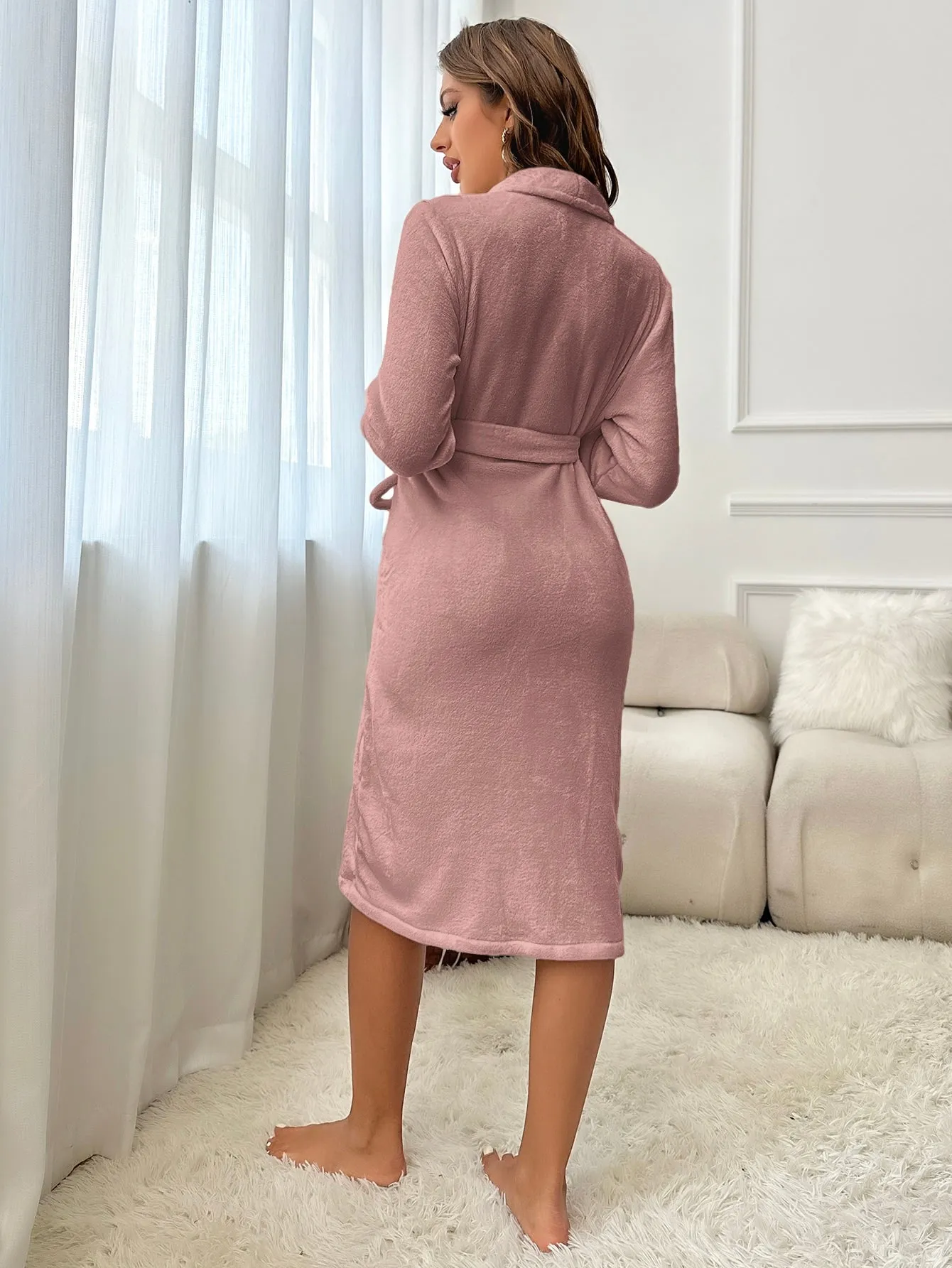 Panda Embroidery Shawl Collar Belted Flannel Sleep Robe