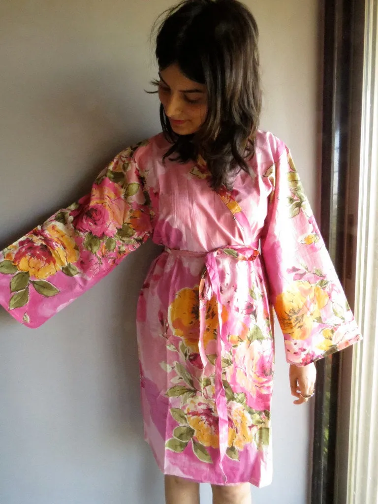 Pink Floral Knee Length, Kimono Crossover Belted Robe-D5 fabric Code