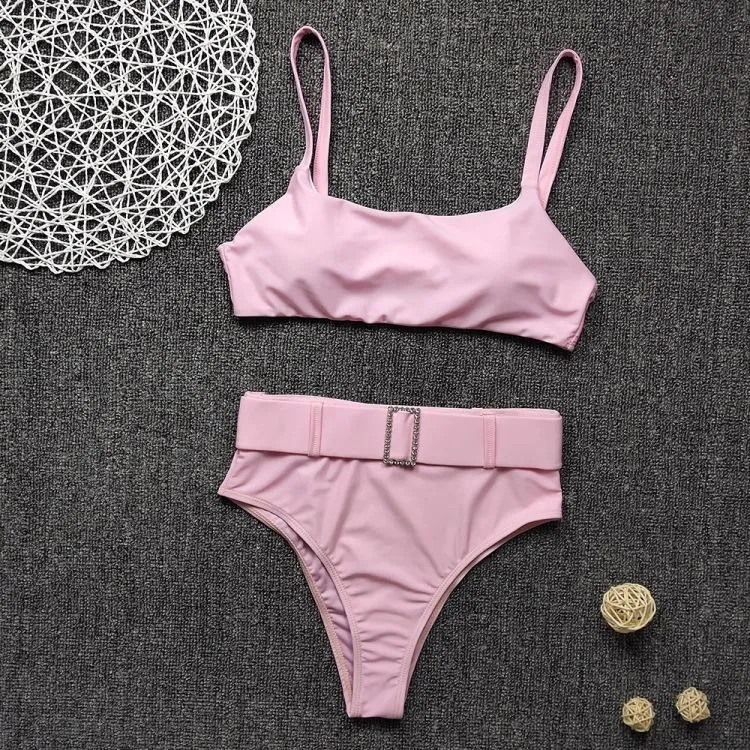Pink Plain Buckle High Rise Triangle Bikinis