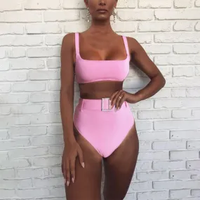 Pink Plain Buckle High Rise Triangle Bikinis