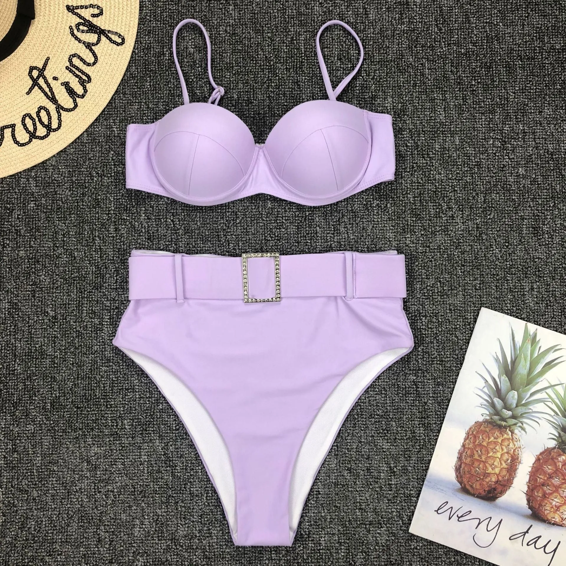 Plain Belt High Rise Padded Top Triangle Bikinis