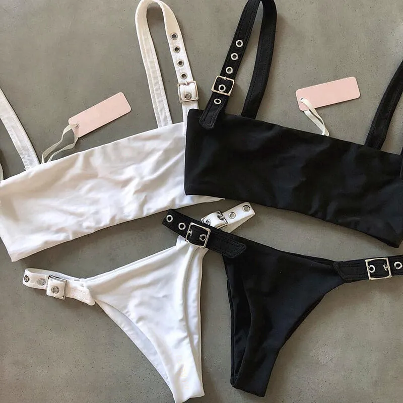 Plain Buckle Mid Rise Thong Bottom Bikinis