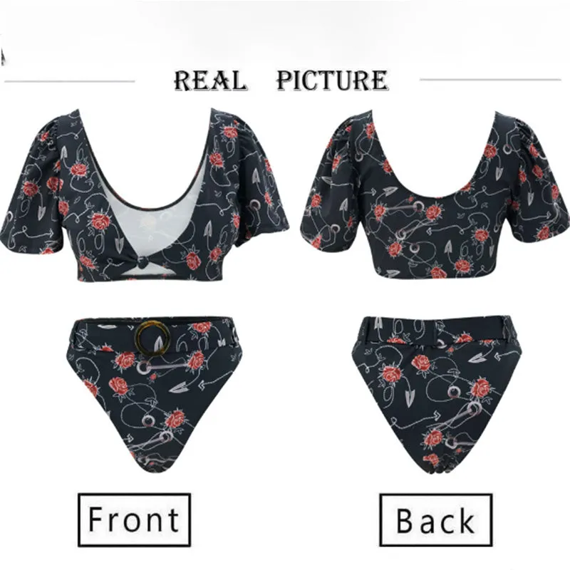 Puff Sleeve V Neck Print Two Pieces Bikini