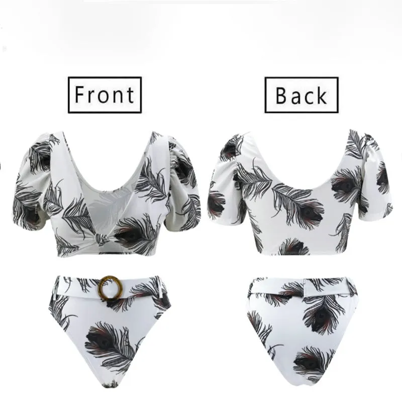 Puff Sleeve V Neck Print Two Pieces Bikini