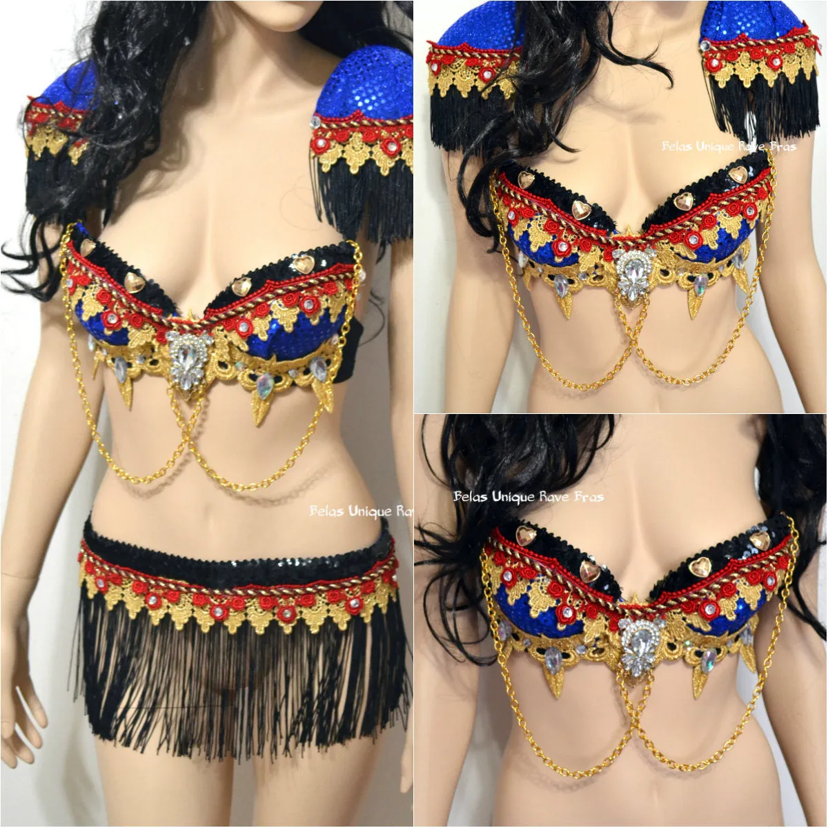 Red and Blue Fringe Ring Leader Bra and Fringe Skirt Costume