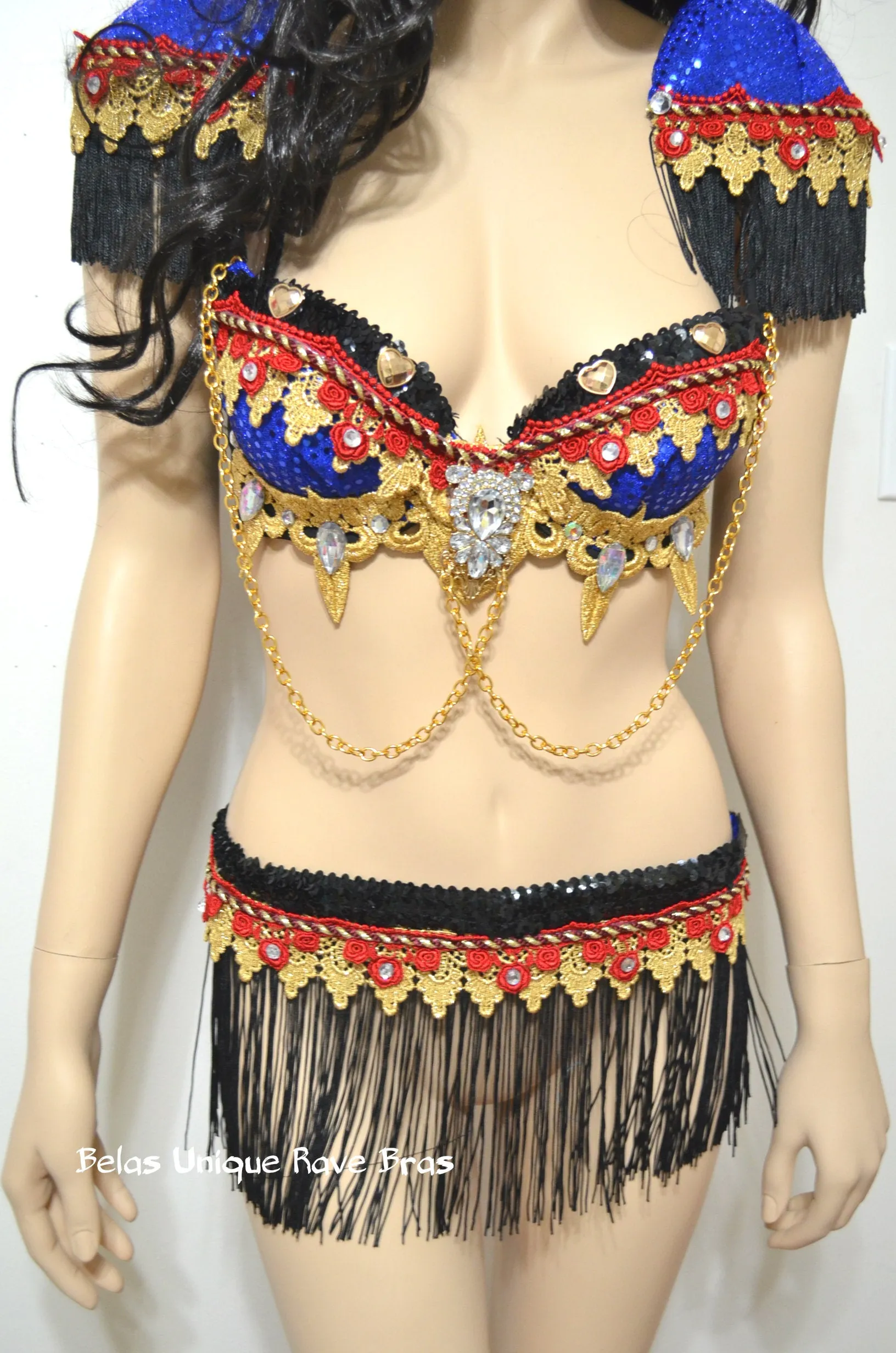 Red and Blue Fringe Ring Leader Bra and Fringe Skirt Costume