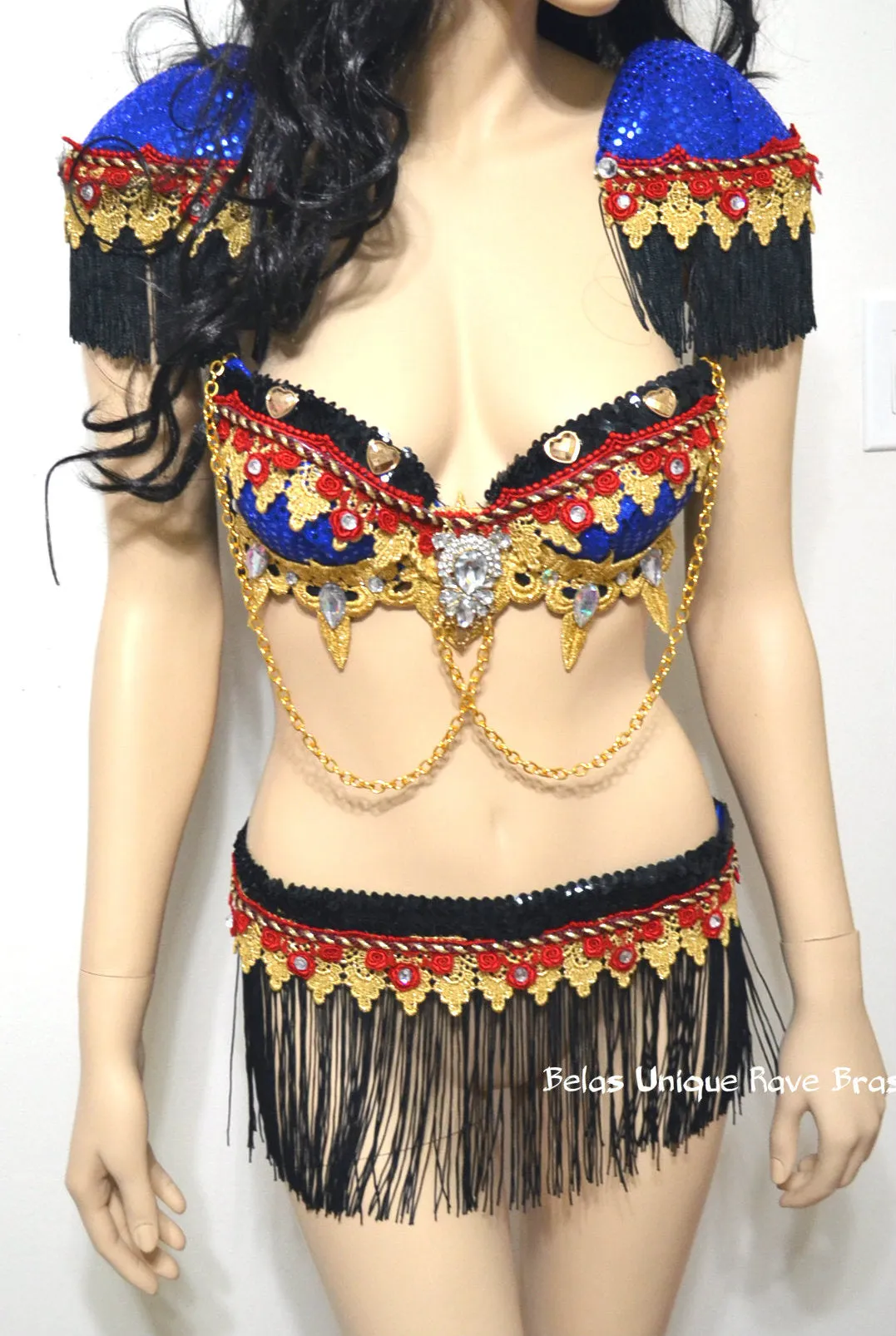 Red and Blue Fringe Ring Leader Bra and Fringe Skirt Costume