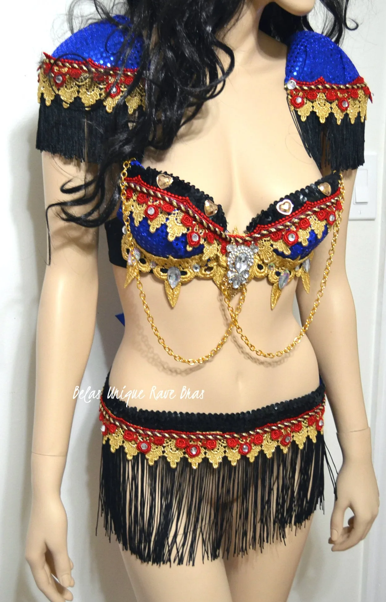 Red and Blue Fringe Ring Leader Bra and Fringe Skirt Costume