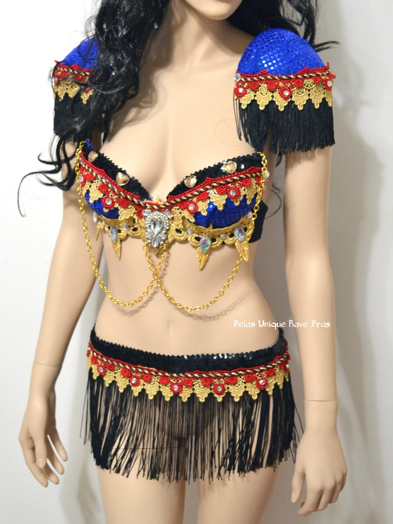 Red and Blue Fringe Ring Leader Bra and Fringe Skirt Costume