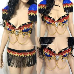 Red and Blue Fringe Ring Leader Bra and Fringe Skirt Costume
