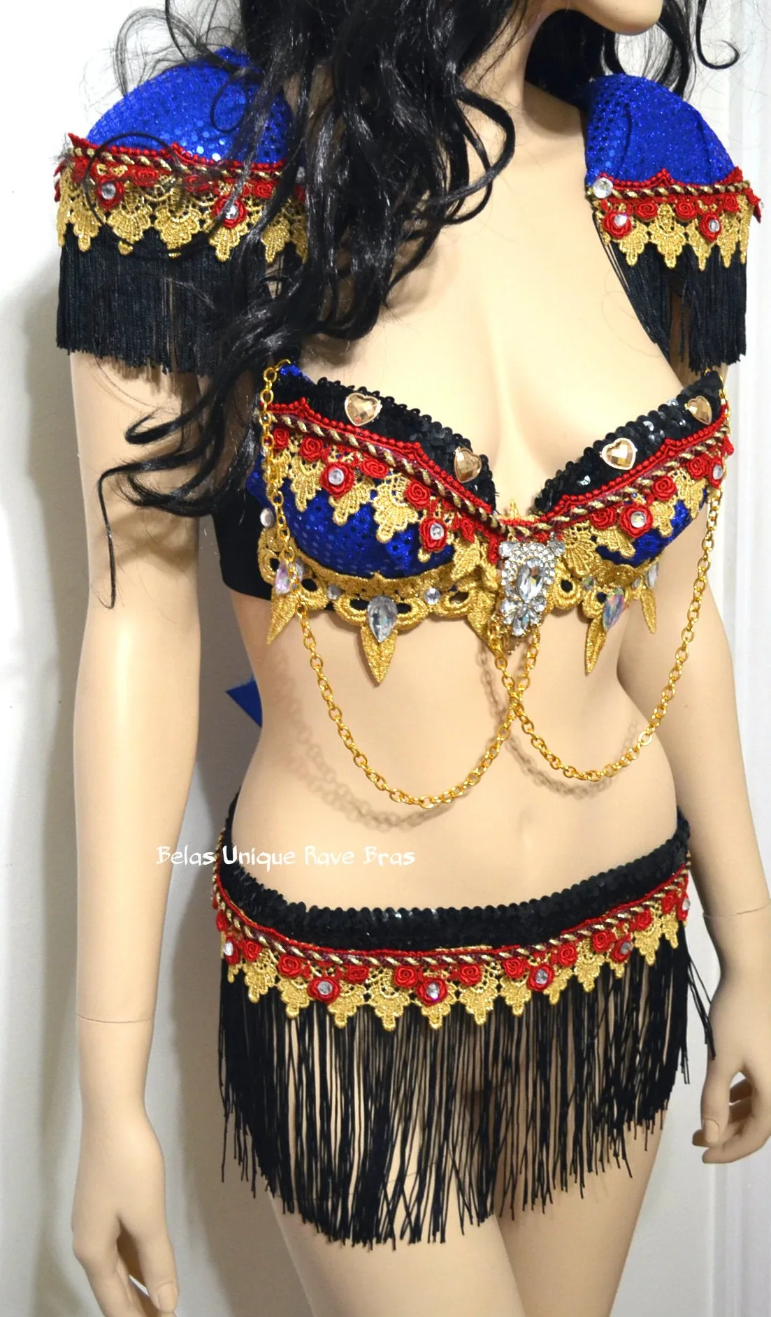 Red and Blue Fringe Ring Leader Bra and Fringe Skirt Costume