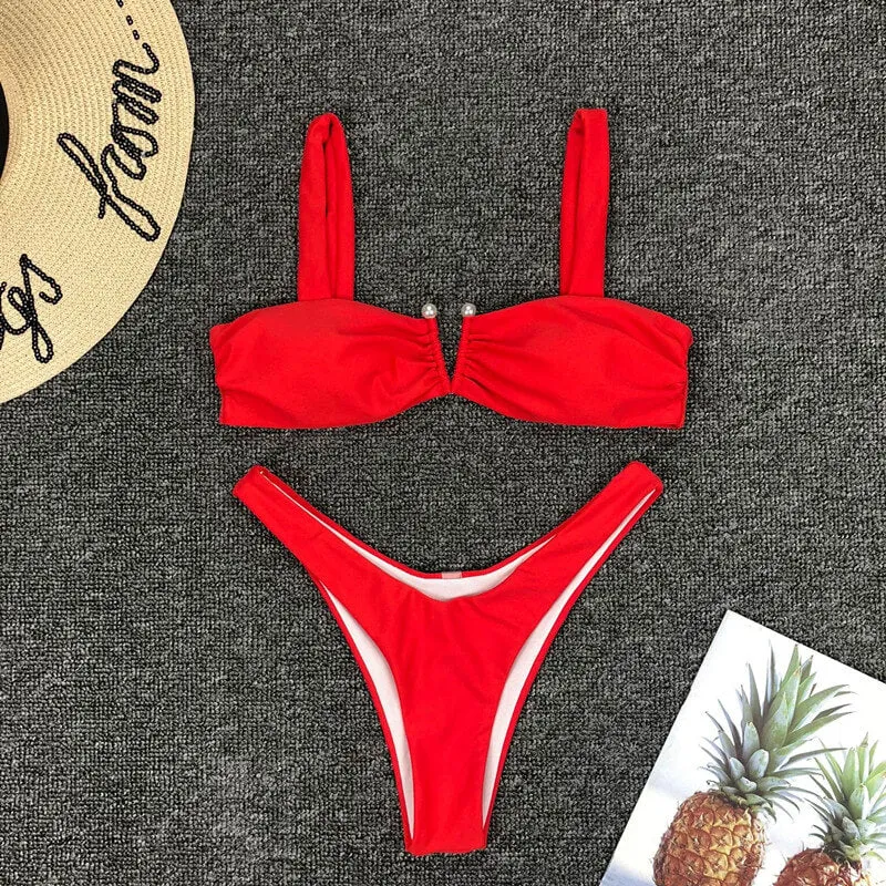 Red Plain Mid Rise Thong Bottom Bikinis