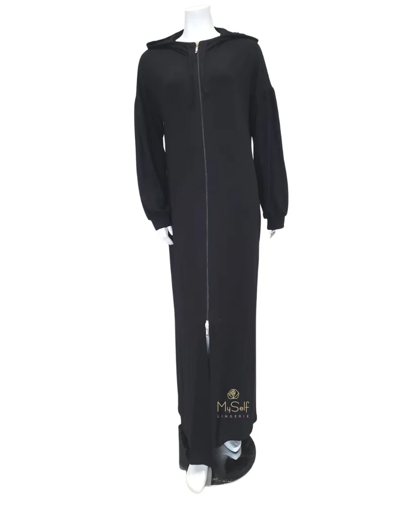 ROBE6 Black Zippered Hooded Modal Morning Robe