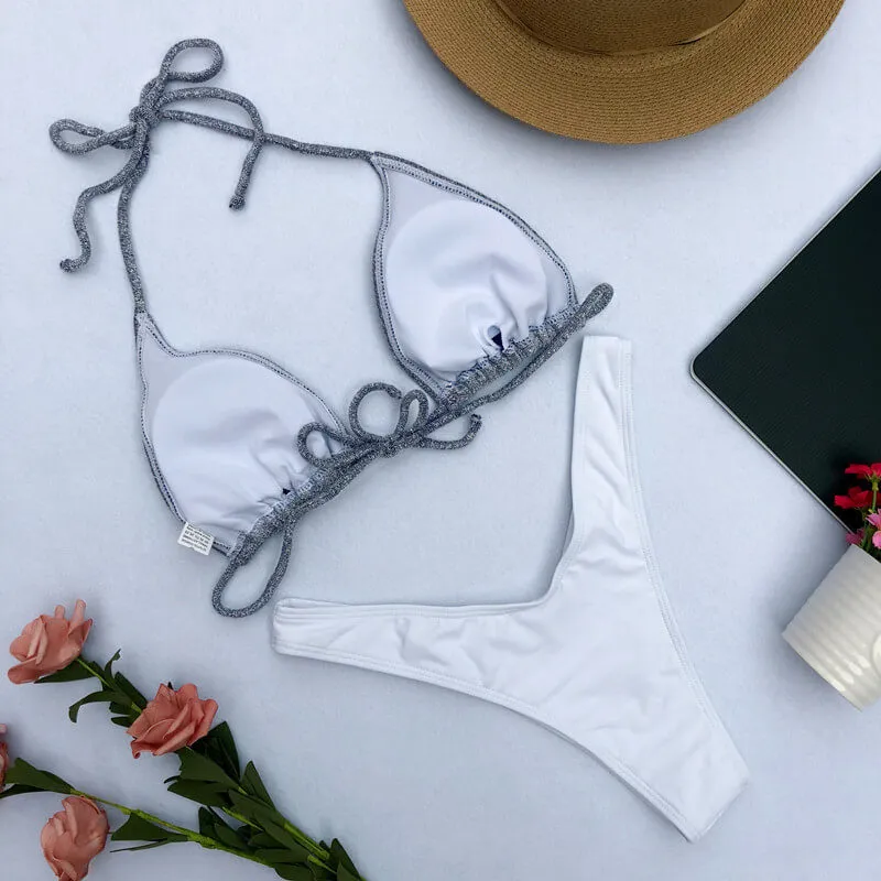 Sequin Halter Bandage Thong Bottom Bikinis