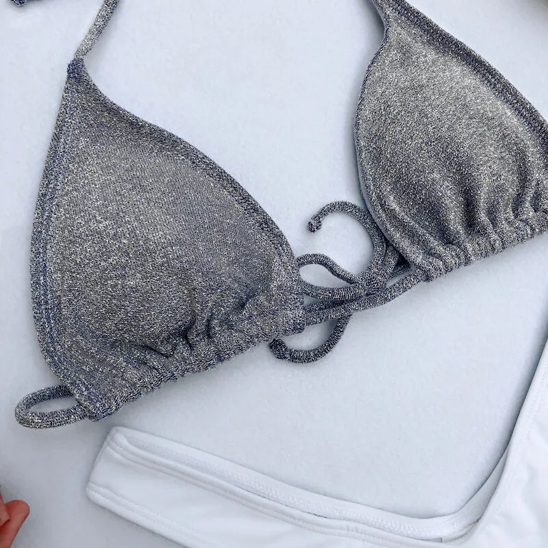 Sequin Halter Bandage Thong Bottom Bikinis
