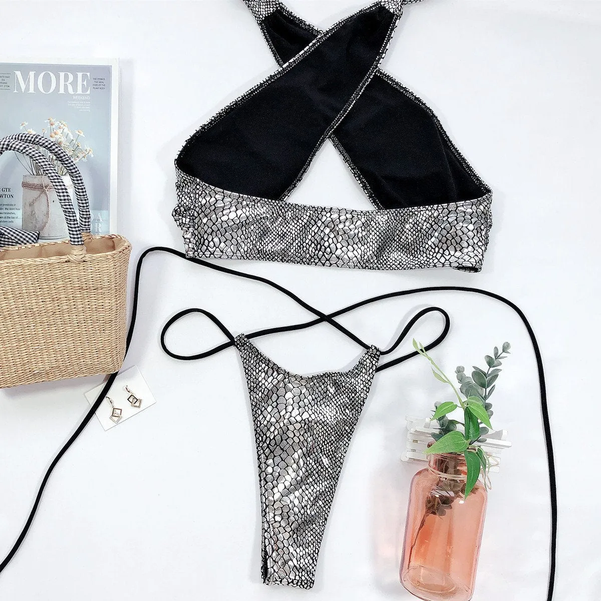 Sequin Halter Strappy Mid Rise Thong Bottom Bikinis
