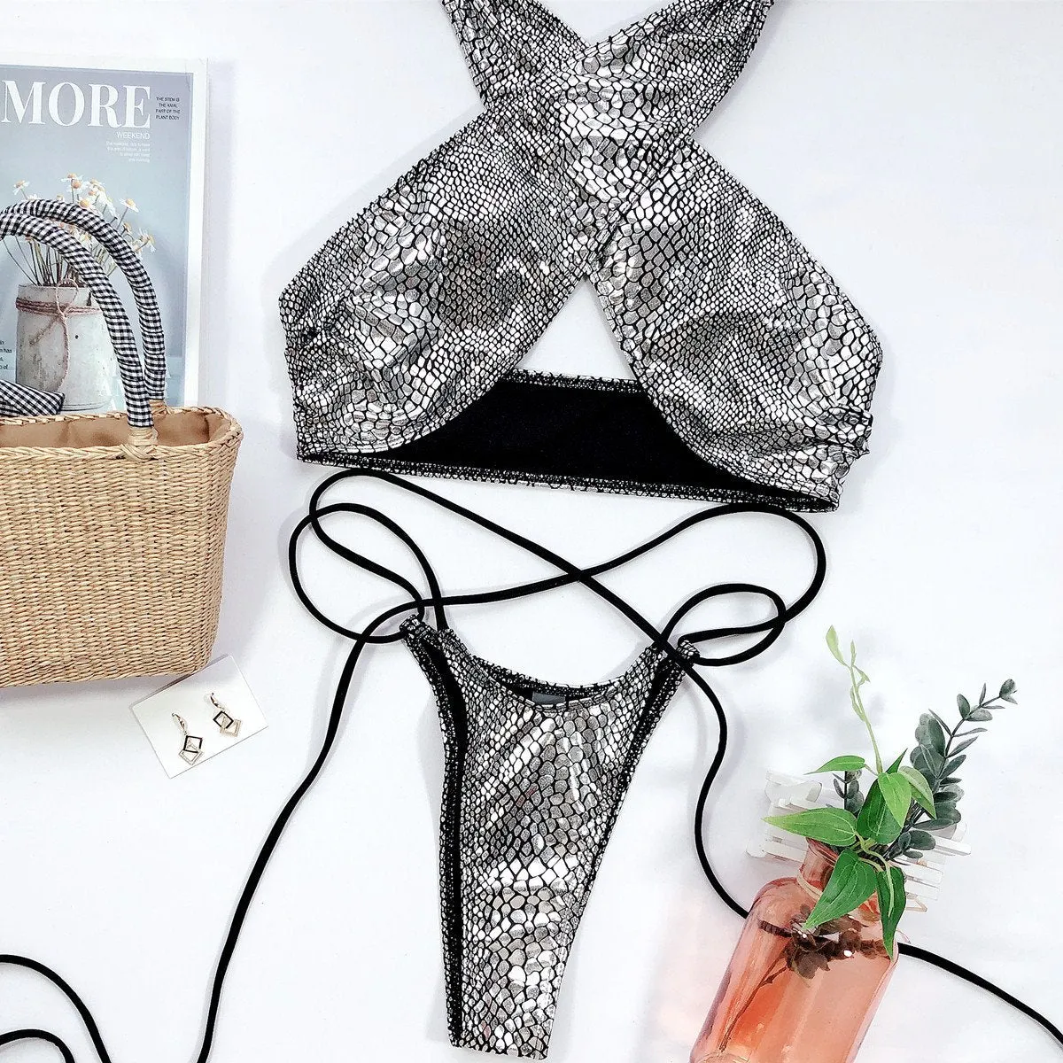 Sequin Halter Strappy Mid Rise Thong Bottom Bikinis