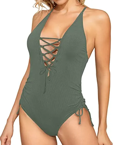 Sexy Plunge V Neck Lace Up One Piece Swimsuit Women's Tummy Control Bathing Suits