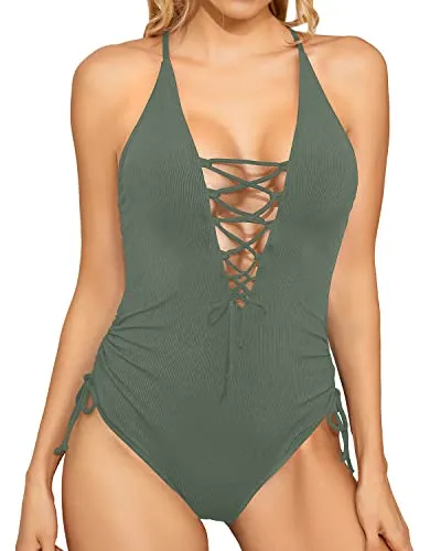 Sexy Plunge V Neck Lace Up One Piece Swimsuit Women's Tummy Control Bathing Suits