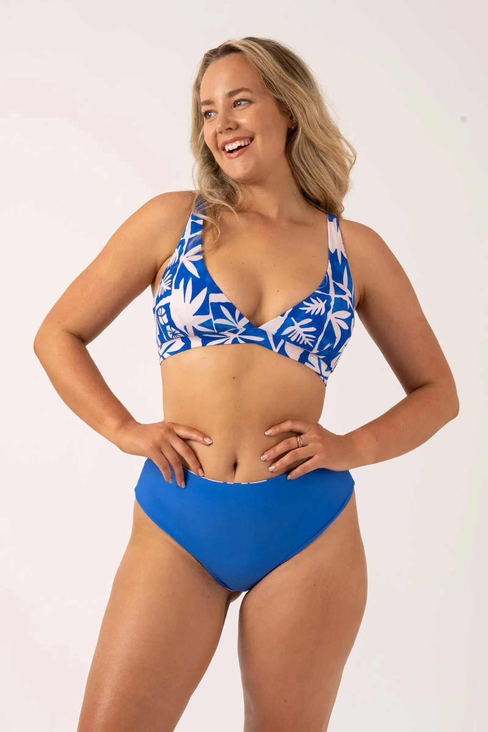 Silky Reversible High Waisted Cheeky Cut Bikini Bottom - Blue Tiki