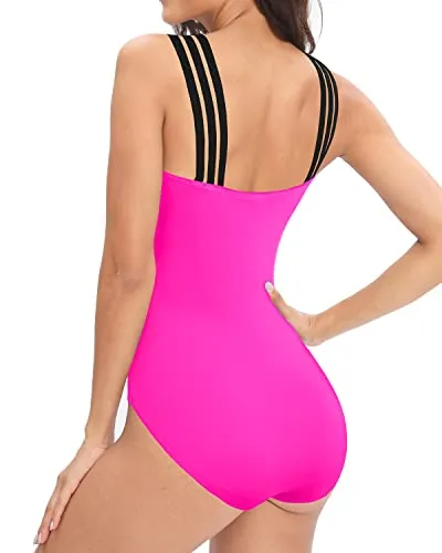 Slimming Tummy Control Crisscross One Piece Swimsuit For Women-Neon Pink