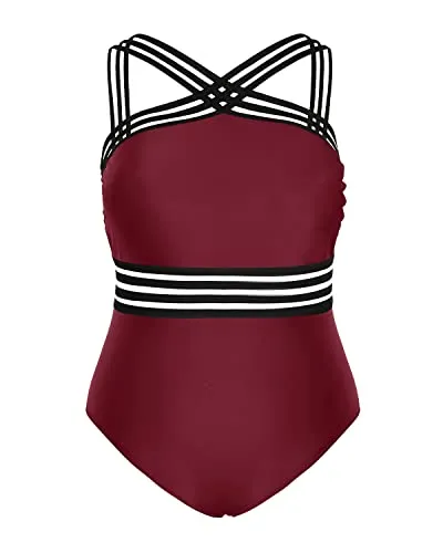 Slimming Tummy Control One Piece Swimsuit For Plus Size Women-Maroon