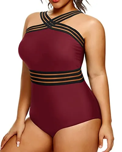 Slimming Tummy Control One Piece Swimsuit For Plus Size Women-Maroon