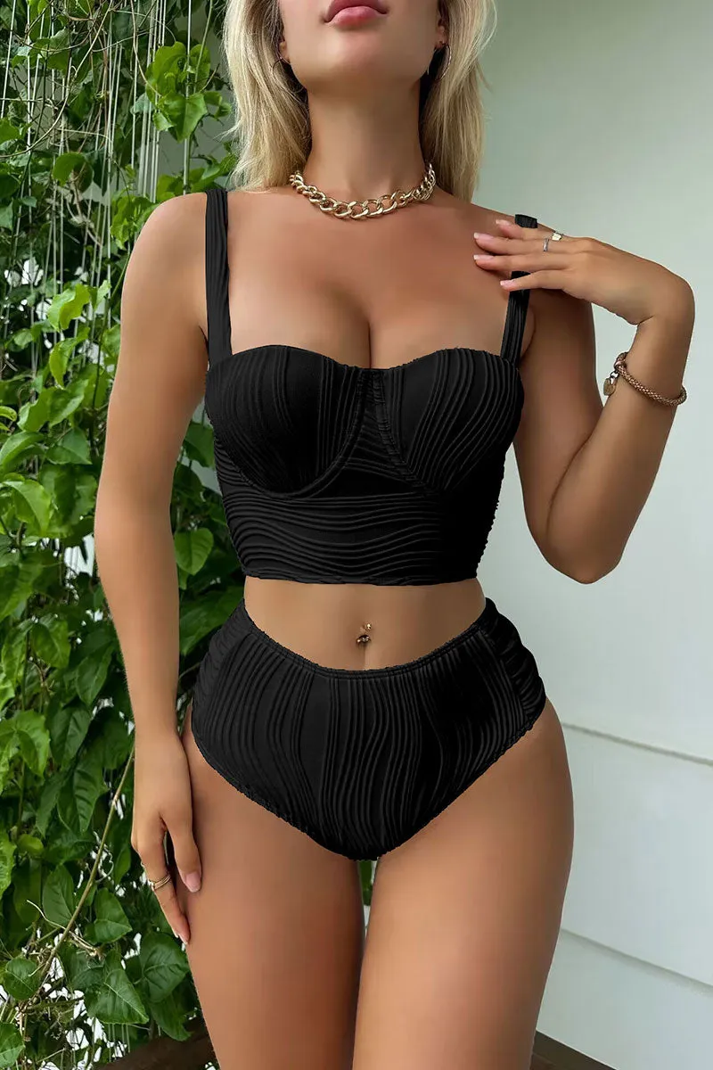 Solid Color Textured Chic Square Collar Bikini