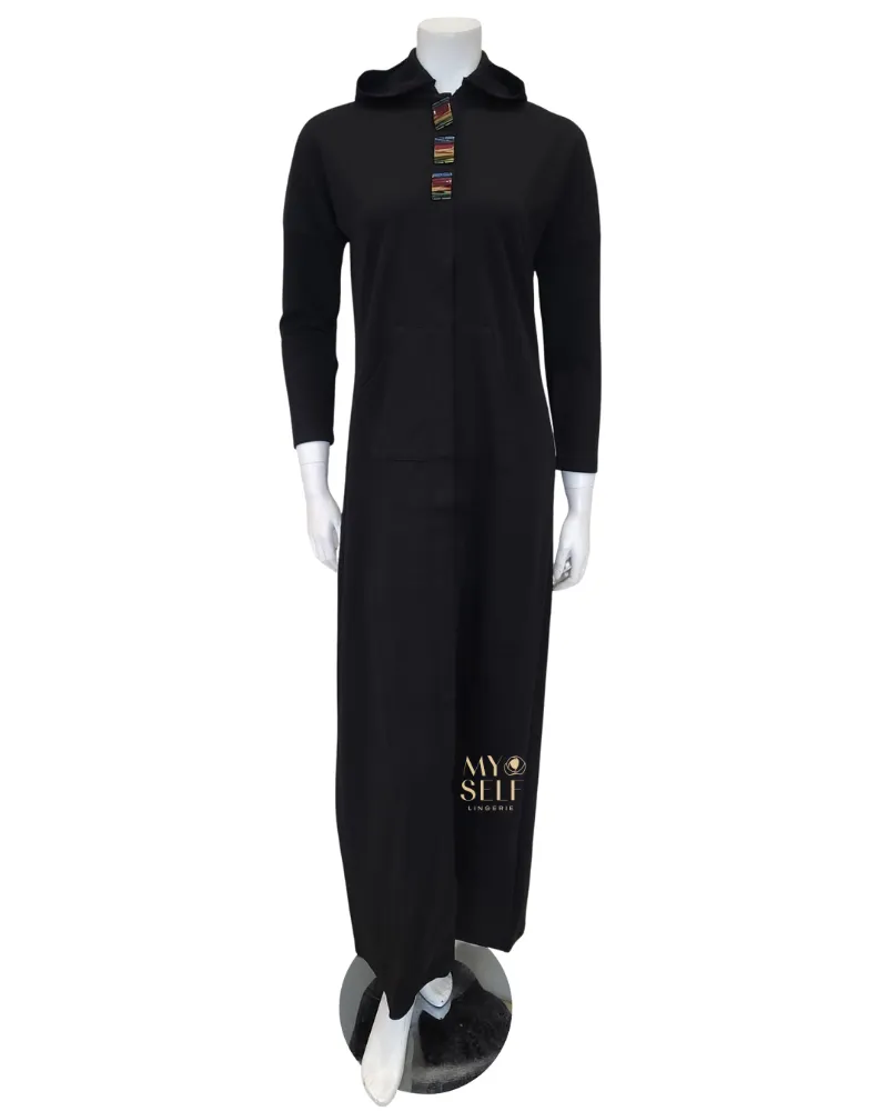 SS22MR03 Black Buttons Black Zip Up Morning Robe