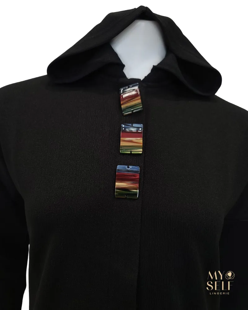 SS22MR03 Black Buttons Black Zip Up Morning Robe