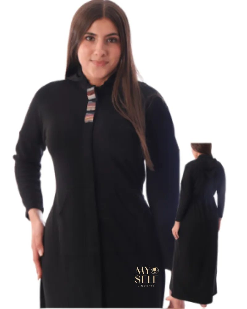 SS22MR03 Black Buttons Black Zip Up Morning Robe