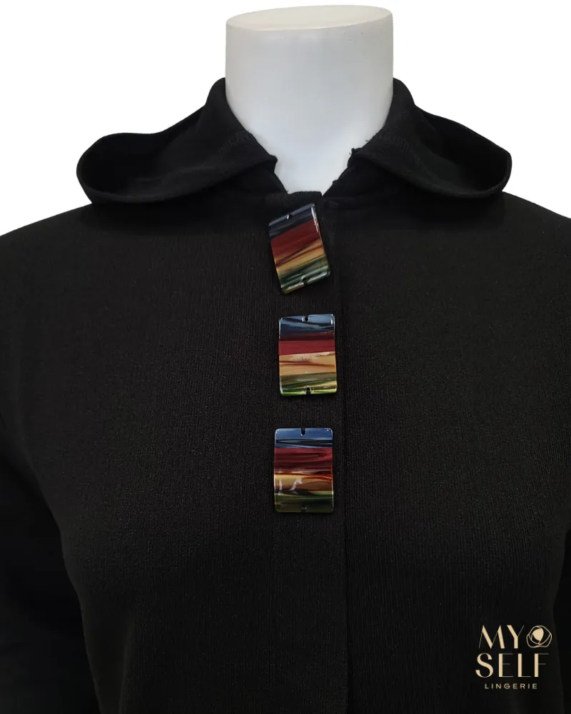 SS22MR03 Black Buttons Black Zip Up Morning Robe