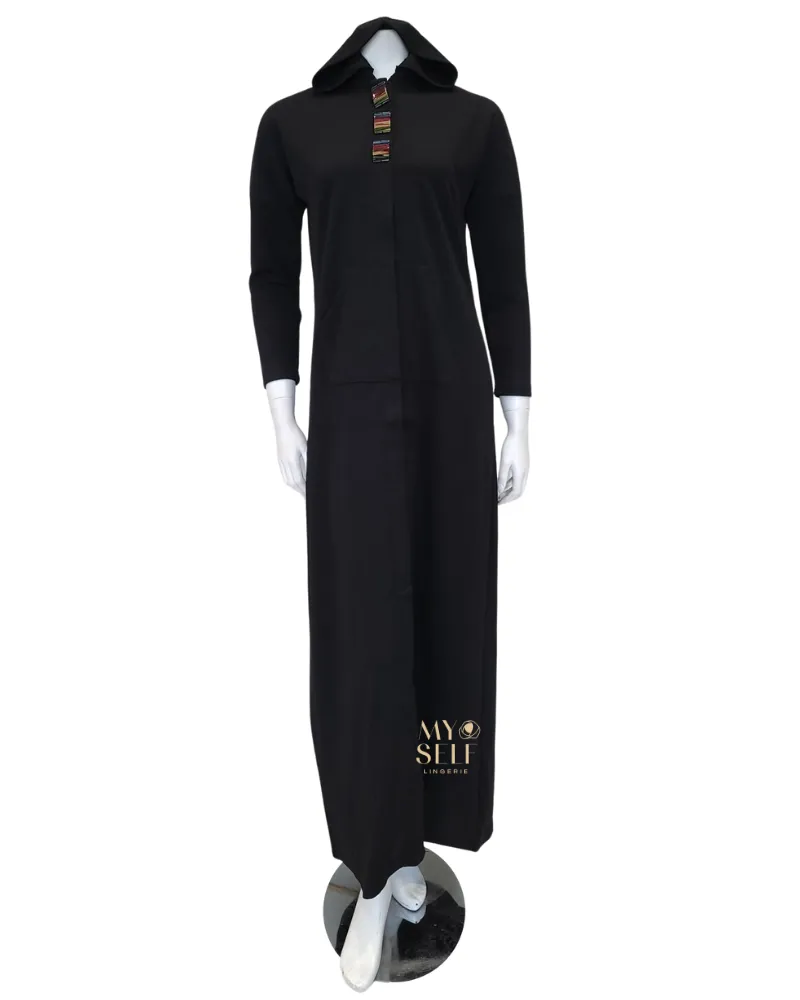 SS22MR03 Black Buttons Black Zip Up Morning Robe