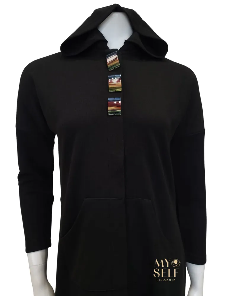 SS22MR03 Black Buttons Black Zip Up Morning Robe