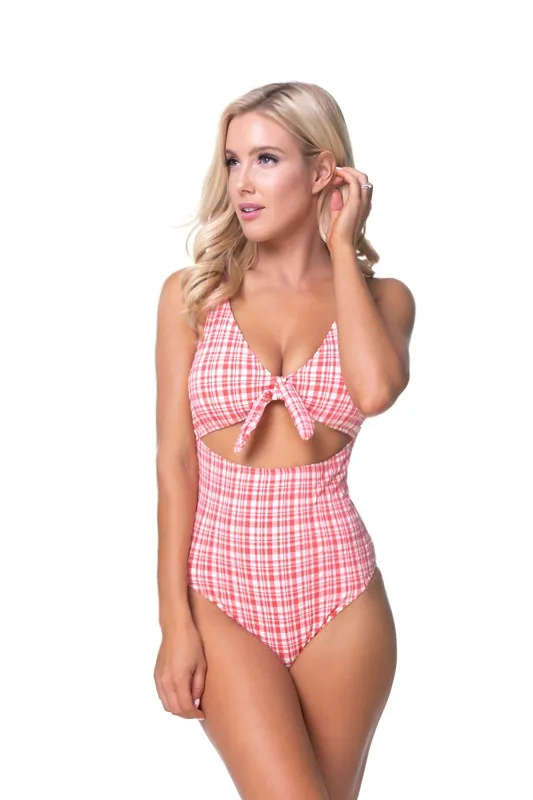 Textured Plaid Cutout One Piece Swimsuit