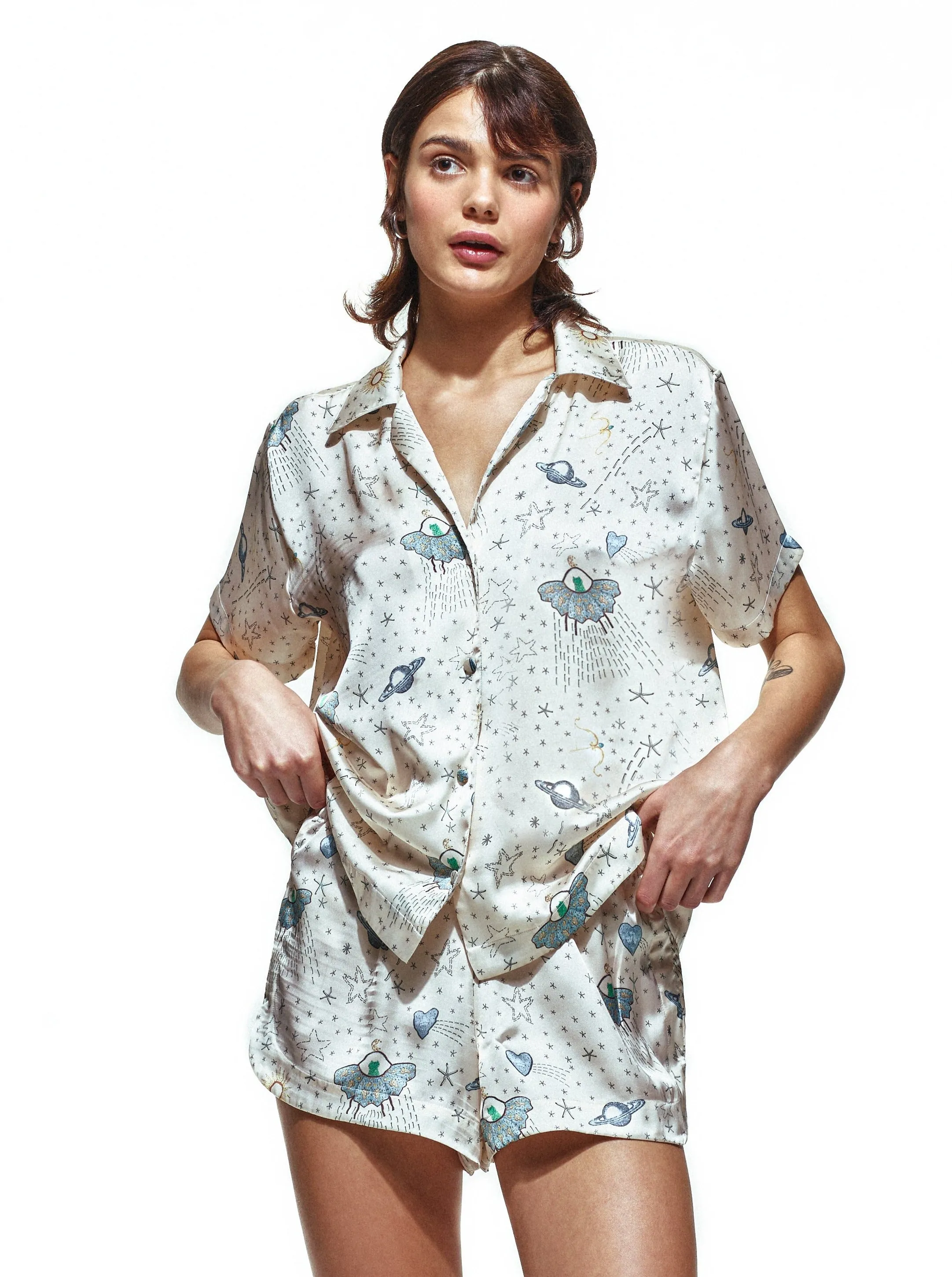 White Ufo Silk Short Set