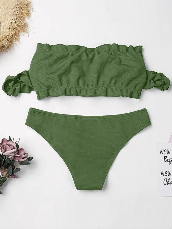 Wholesale Army Green Off The Shoulder Short Sleeve Bikinis