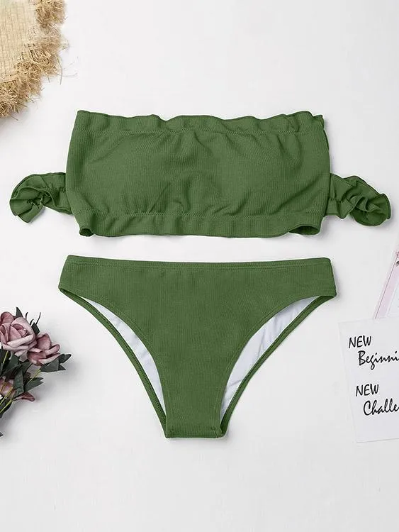 Wholesale Army Green Off The Shoulder Short Sleeve Bikinis
