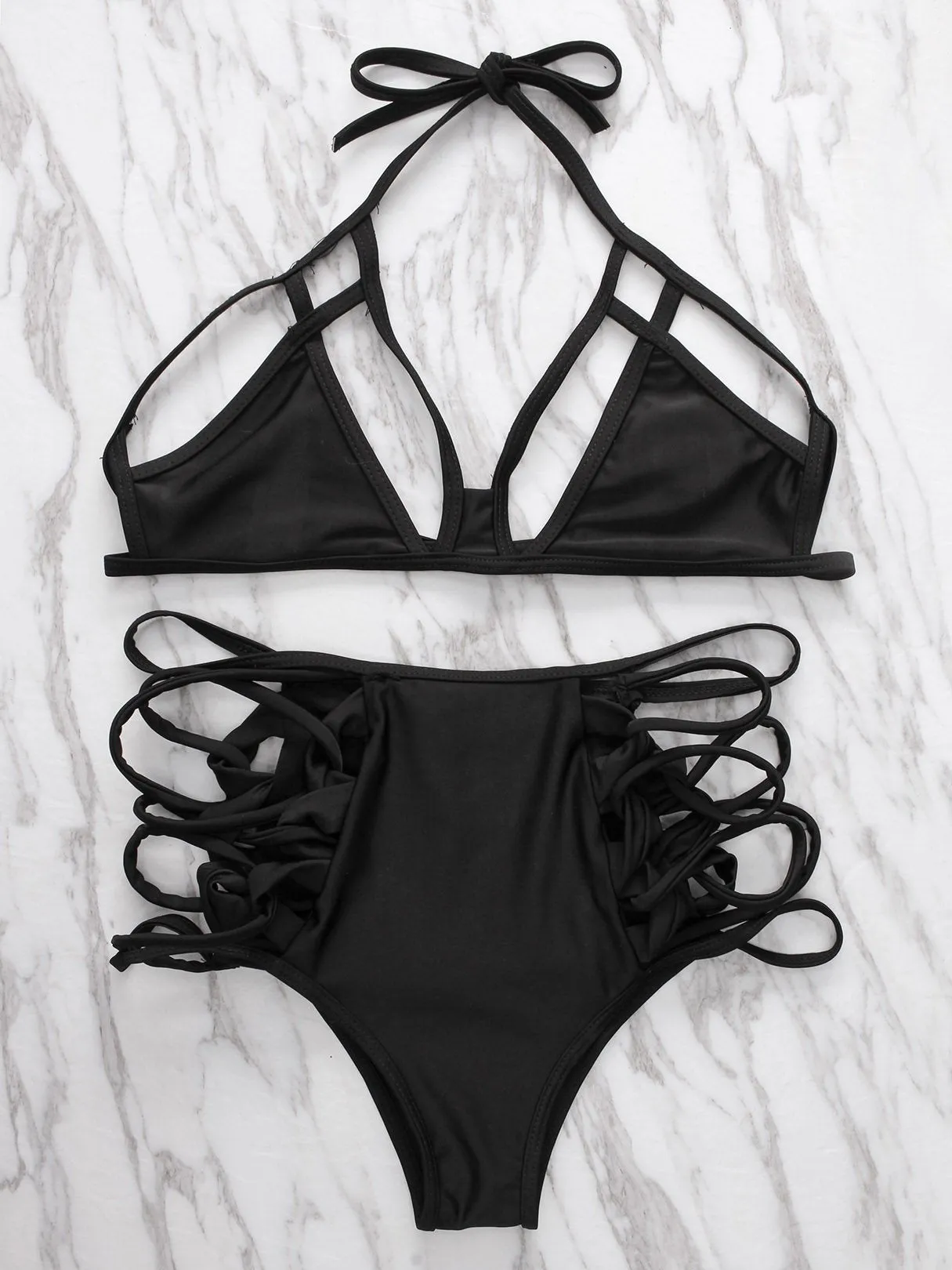Wholesale Black Halter Sleeveless Lace-Up Cut Out Bikinis