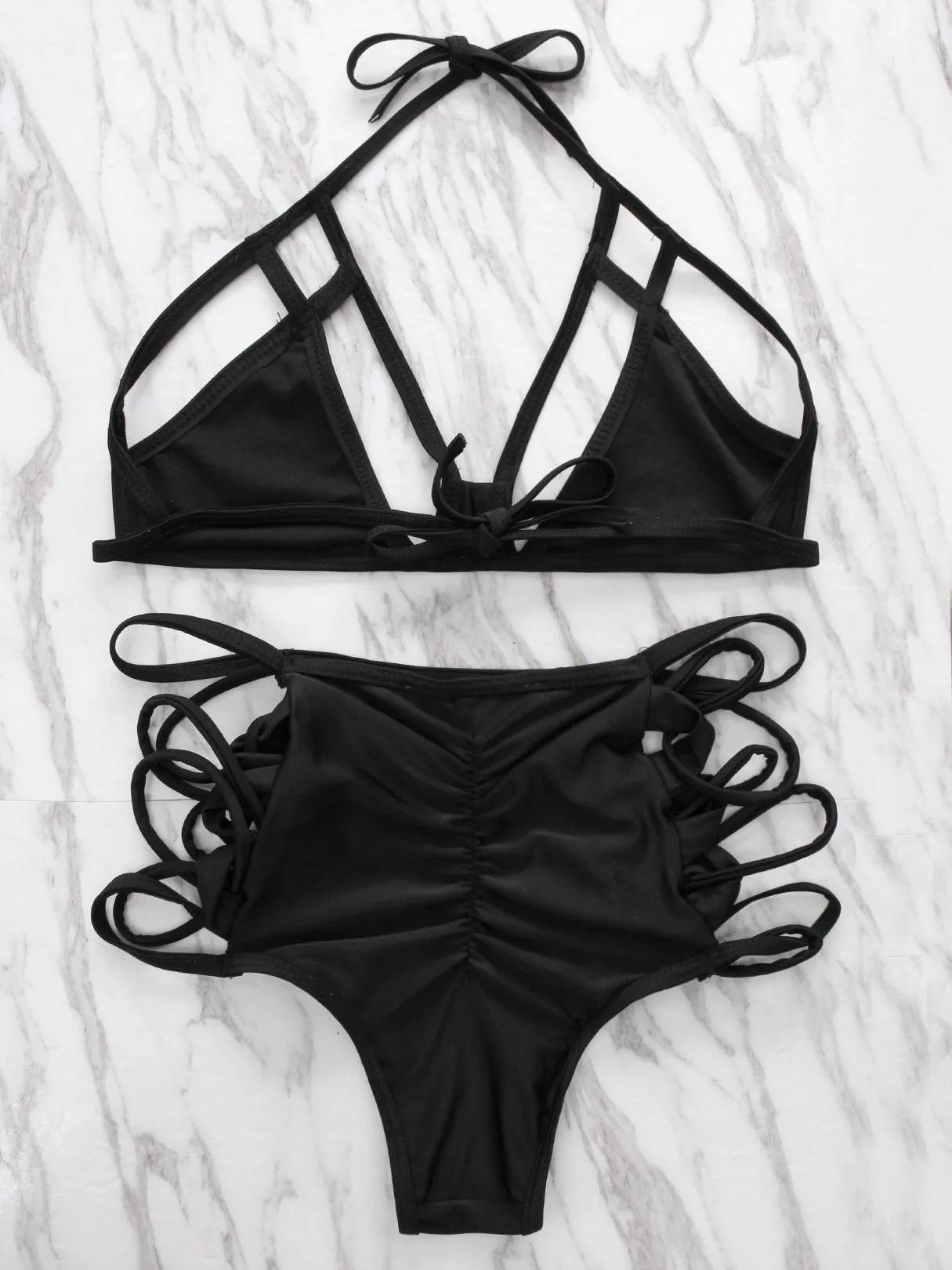 Wholesale Black Halter Sleeveless Lace-Up Cut Out Bikinis