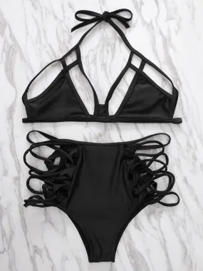 Wholesale Black Halter Sleeveless Lace-Up Cut Out Bikinis