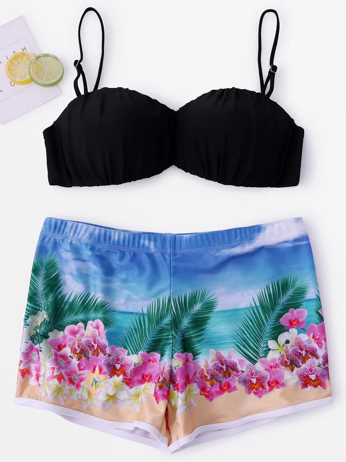 Wholesale Black Sleeveless Floral Print Bikinis