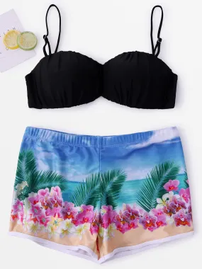 Wholesale Black Sleeveless Floral Print Bikinis